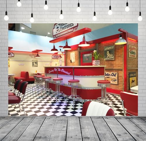 BELECO 15x8ft Fabric Retro 50s Diner Backdrop Classic 1950s Fast Food Soda Shop Restaurant Rockin Dinner Party Dining Background 50s Diner Party Supplies Banner Photo Booth Studio Props - size: 15x8FT