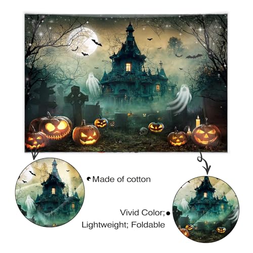 Mocsicka Halloween Backdrop 7x5ft Scary Castle Haunted House Graveyard Wall Backdrop for Photography Bat Horror Moon Night Party Decorations Banner Photo Booth Props - size: 7x5ft