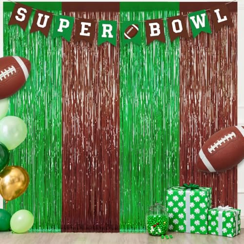 2 Pack Football Party Decorations, 3.28 FT x 6.58FT Tinsel Backdrop, Green Brown Foil Fringe Curtains Metallic Party Streamer, Football Party Supplies Game Day Decorations 2026 Birthday Party Supplies - color: Brown Green