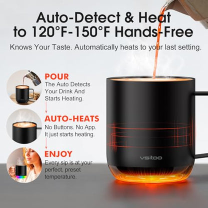 Vsitoo S6 Plus Smart Coffee Mug, 12oz,Temperature Controlled Mug & Electric Coffee Mug with Music Sync Lights，Auto-Sensing AI Heats Drinks to 120-150°F Hands-Free. Ideal for Home/Office/Gifts - Black - color: Black