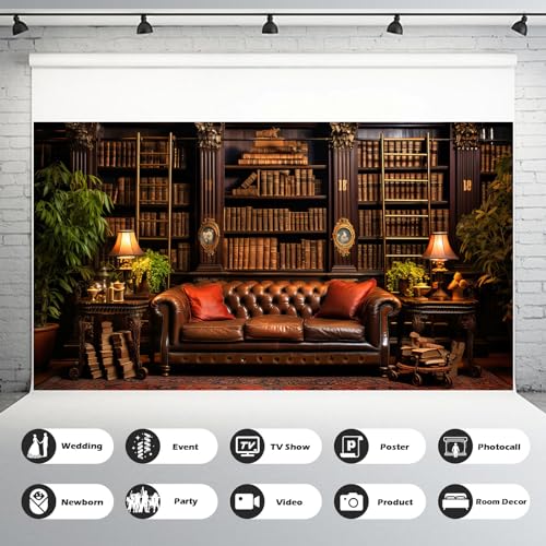 Vintage Luxury Library Bookshelf Backdrop School Library Bookshelf Collection Photography Background Home Office Sofa Business Conversation Room Retro Books Shelves Background Videos Prop 5x3ft - color: Dark Brown, size: 5x3ft