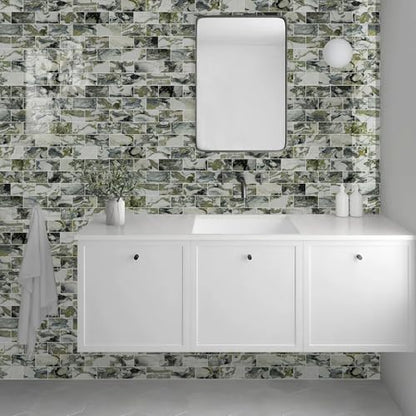 Vamos Tile 100-Piece Glossy Ice Green Peel and Stick Backsplash Tile,3''x6'' PVC Subway Tile with White Grout,Stick on Backsplash for Kitchen/Bathroom/Fireplace - color: Ice Green