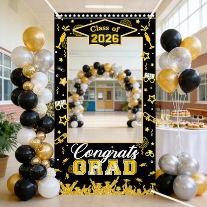 AIBIIN Class of 2026 Graduation Photo Backdrop Black and Gold Graduation Decorations Congrats Grad Party Decoration for High School College