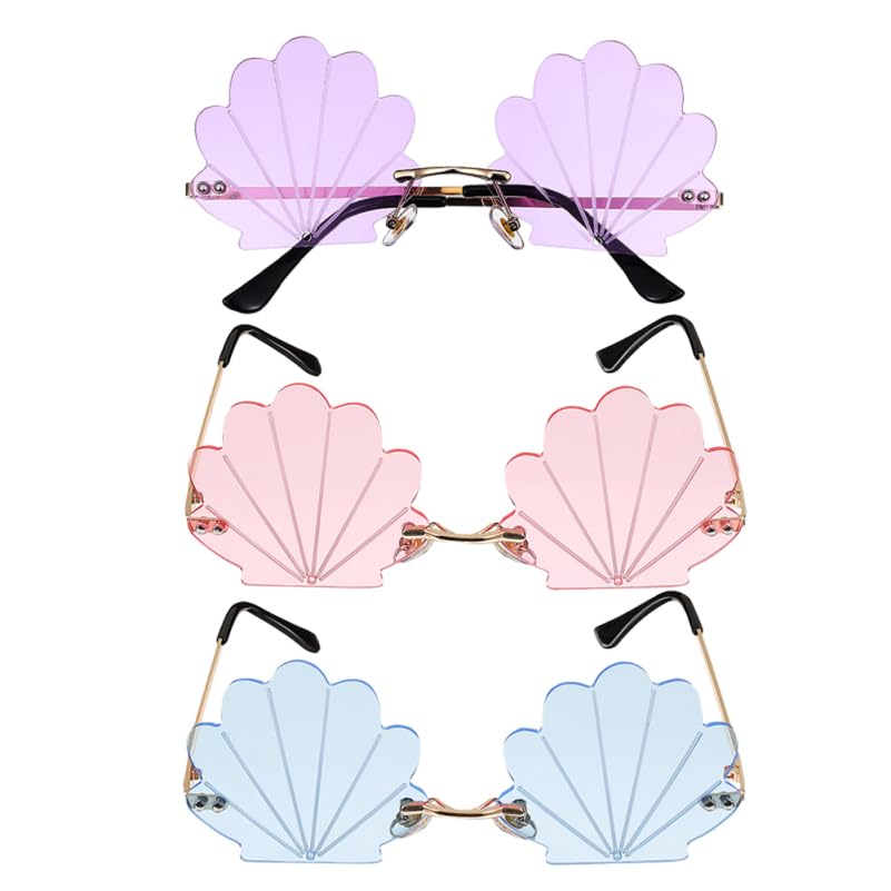 Angoily 3PCS Rimless Seashell Sunglasses, UV Protection Fun Glasses for Themed Events Lightweight Comfortable Eyewear Hawaiian Summer Photo Props Beach Party Eyewear for Women Mermaid Accessories