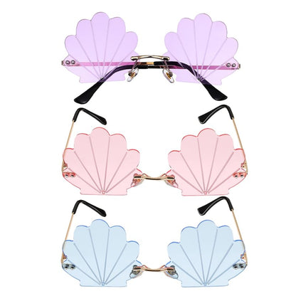Angoily 3PCS Rimless Seashell Sunglasses, UV Protection Fun Glasses for Themed Events Lightweight Comfortable Eyewear Hawaiian Summer Photo Props Beach Party Eyewear for Women Mermaid Accessories