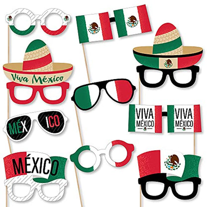 Big Dot of Happiness Viva Mexico Glasses - Paper Card Stock Mexican Independence Day Party Photo Booth Props Kit - 10 Count