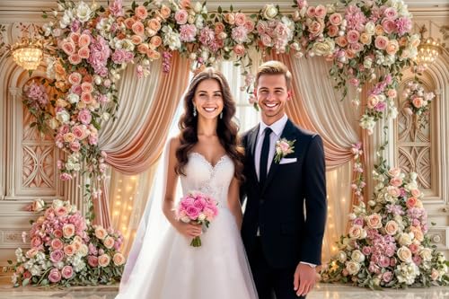 6X4ft Romantic Floral Wedding Backdrop Pink Flower Curtain Photography Background Anniversary Ceremony Bridal Shower Engagement Party Decor Photo Booth Props Wall Banner - color: Multi3, size: 6X4FT
