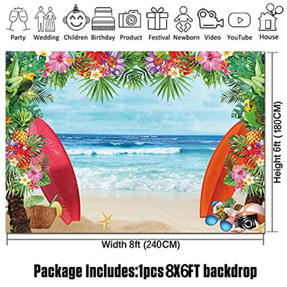 8x6FT Summer Tropical Beach Theme Photo Background Fabric Beach Conch Hawaii Blue Sea Flower Children Birthday Luau Party Photography Backdrop Kids Baby Shower Cake Table Decor Studio Shoot Props - size: 8X6 FT