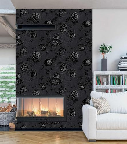 Gothic Rose Wallpaper – Black Floral Textured Peel and Stick Wallpaper, Self-Adhesive Vinyl for Home Decor, 17.7in x 118in - size: 17.7" x 118"