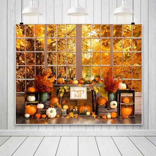 Fall Thanksgiving Backdrop for Photography 10x8ft Autumn Forest Window Pumpkin Harvest Maple Leaves Photo Backdrop Thanksgiving Friendsgiving Party Decor Kids Adult Portrait Photo Booth Props