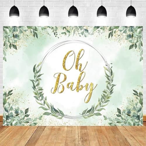 5x3ft Baby Shower Backdrop Oh Baby Greenery Gold Glitter Watercolor Photography Background for Boy Girl Gender Neutral Party Decorations Newborn Photo Booth Props - color: Color 2, size: 5x3ft