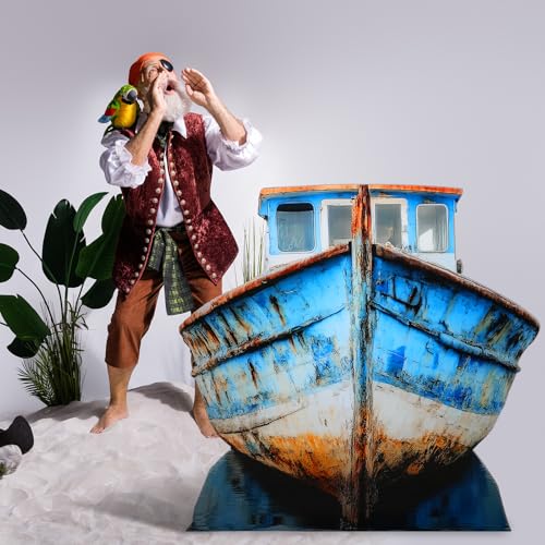 Beeveer 4ft 3D Old Pirate Fishing Boat Cardboard Cutout Stand-up Beach Nautical-Inspired Events Camping-Themed Boat Stand up Photo Props for VBS Vacation Bible School Halloween Party Supplies