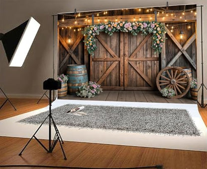 5x3ft Country Wedding Photography Backdrop Rustic Barn Door Photography Backdrop Farmhouse Pink Flower Cabin Wooden Birthday Baby Shower Wedding Bridal Party Banner Photo Booth Props Background - color: Multi1, size: 5X3FT