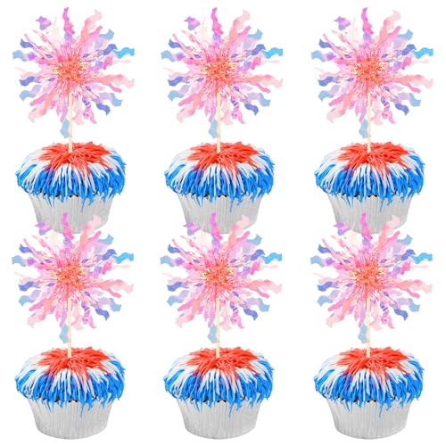30 PCS Foil Firework Cupcake Toppers Sparkle Tinsel Cupcake Picks Happy Birthday Cake Toppers Drink Stirrers Cocktail Food Fruit Toothpicks for Baby Shower Wedding Party Decorations Supplies Orange - color: Orange