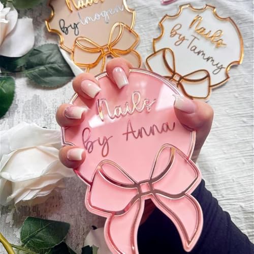 Personalized Bow Nail Technician Beauty Salon Advertise Nailfie Prop Business Signnail Artist Gift Nail Social Media Pic Nail Photo Props Custom Nail Art Tray (Pink) - color: Pink