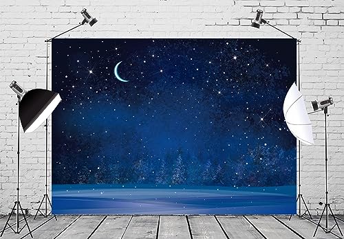BELECO 10x6.5ft Fabric Winter Wonderland Night Snowfall Backdrop Blue Starry Sky Moon Stars Snowflakes Fir Trees Pine Forest Snow Scene Background Christmas New Year Party Decoration Photo Studio Prop - size: 10x6.5FT