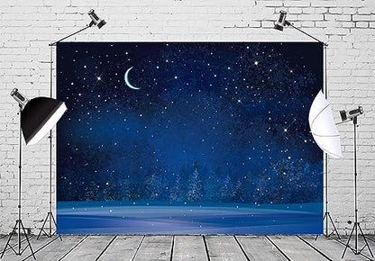 BELECO 8x6ft Fabric Winter Wonderland Night Snowfall Backdrop Blue Starry Sky Moon Stars Snowflakes Fir Trees Pine Forest Snow Scene Background Christmas New Year Party Decoration Photo Studio Props - size: 8x6FT