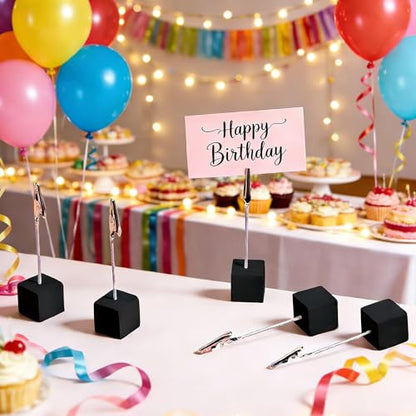 24PCS Wooden Cube Memo Holders with Alligator Clips Table Number Stands, Base Memo Clip Holder Photo and Card Display Clips for Wedding, Event, Office Desk Use (Black) - color: Black