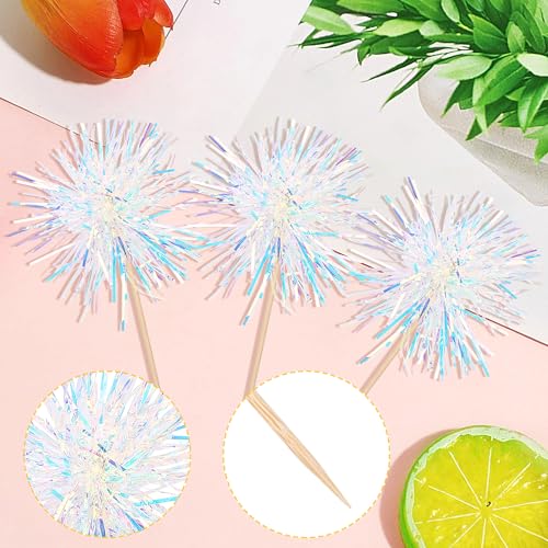 30 PCS Foil Firework Cupcake Toppers Happy Birthday Cupcake Toppers Sparkle Tinsel Flower Drink Stirrers Cocktail Fruit Toothpicks for Valentine's Day Baby Shower Party Cake Decor Supplies White - color: A White