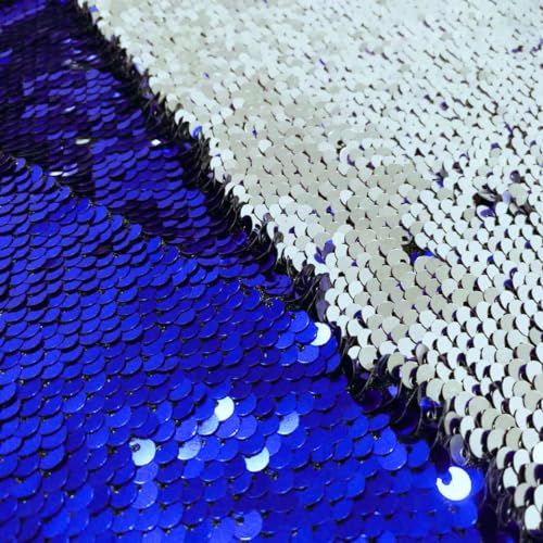 DUOBAO Royal Blue to Silver Mermaid Fabric by The Yard Two Tone Sequin Reversible Unique Quality Sequence Fabrics Mesh Sequins - color: Silver to Royal Blue, size: 1 Yard