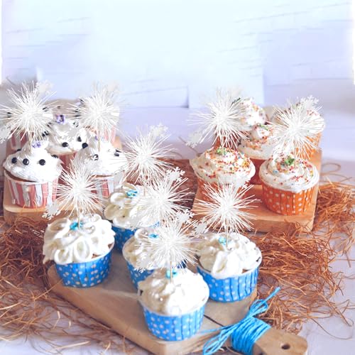 30 PCS Foil Firework Cupcake Toppers Snowflake Cupcake Picks Birthday Cupcake Toppers Sparkle Tinsel Flower Drink Stirrers Cocktail Fruit Toothpicks for Baby Shower Birthday Party Cake Decor Supplies - color: A White Snowflake