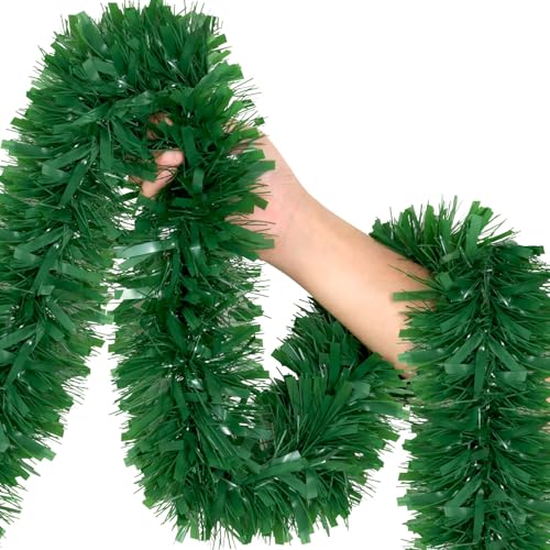 50Ft Green Christmas Garland Decorations,Xams Greenery Tinsel Stems Non-Lit Soft Twist Garland Decor for Tree Stairs Railing Front Door Mantle Fireplace Indoor Outdoor Holiday Home - color: Green