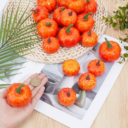 14pcs Mini Artificial Pumpkins Faux Fall Harvest Realistic Kitchen Pumpkins Lifelike Simulation Home Decor for Table Cabinet Halloween Thanksgiving Party Fruits Photography Prop