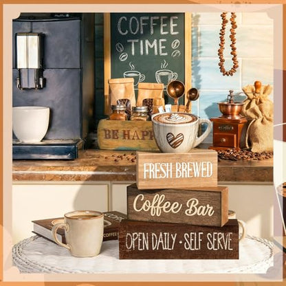 Moucuny 4 Pcs Farmhouse Coffee Bar Signs Decor Wooden Cup Rise & Shine It's Coffee Time Rustic Wood Cafe Sign Gift for Home Kitchen Tabletop Decor - style: Coffee Bar Coffee Bar