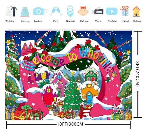 Welcome to Whoville Backdrop 10x8FT Winter Christmas Village Photography Background for Kids First Birthday Baby Shower Happy New Year Xmas Holiday Party Decoration Supplies Photo Props - size: 10x8FT