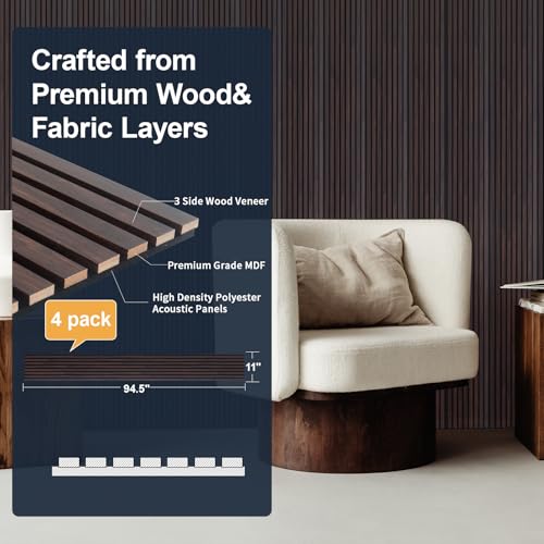 NeatiEase Wood Panels for Wall, 4-Piece 94.5" x 11" Soundproof Wood Slat Wall Panel for Interior Wall Decor Noise Cancelling, Acoustic Wall Panels, Sound Absorbing Panel (Dark Walnut) - color: Dark Walnut, size: 94.5" x 11"