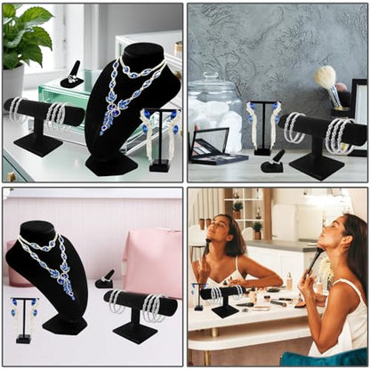 6 Pcs Velvet Jewelry Display Set- Velvet Necklace Bust Holder Mannequin Bust & T-Bar 2 T Shape Earring Stand 2 Ring Finger Jewelry Holder Bracelet Organizer for Jewelry Showcase