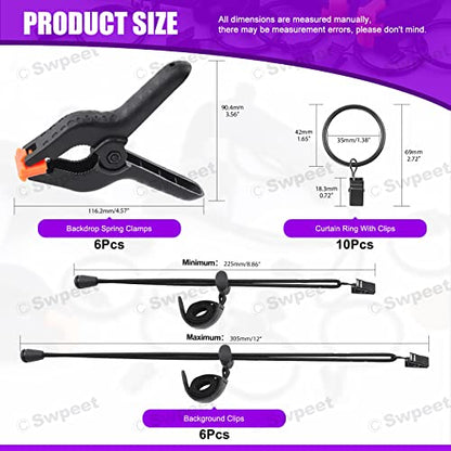 Swpeet 22Pcs Photography Backdrop Clips Clamps Assorments Kit, 10Pcs Curtain Rings with Clips, 6Pcs Backdrop Spring Clamps and 6Pcs Leather Background Clips Holder - size: NO.1 Backdrop Clips Clamps