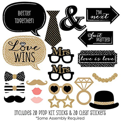 Big Dot of Happiness Mrs. and Mrs. - Gold - Lesbian Wedding Photo Booth Props Kit - 20 Count