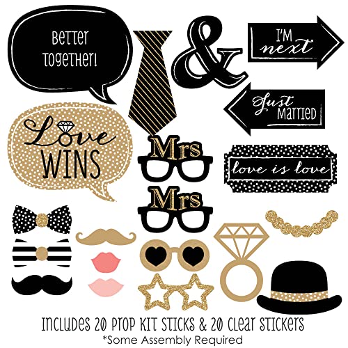 Big Dot of Happiness Mrs. and Mrs. - Gold - Lesbian Wedding Photo Booth Props Kit - 20 Count