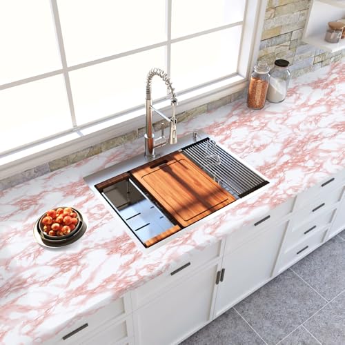 practicalWs White/Pink Marble Contact Paper Granite Peel and Stick Countertops Self-Adhesive Wallpaper Cabinets Drawer Shelf Wall Crafts Wall Paper Decorations 17.7 in x 196.8 in - color: Pink/White, size: 17.7" x 196.8"