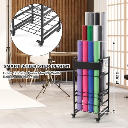 Thyle Seamless Paper Backdrop Storage Rack Holds 12 Rolls, Background Paper Roll Display Stand with 4 Locking Wheels, Heavy Duty Backdrops Rolls Storage Stand for Photography Studio Retail Display