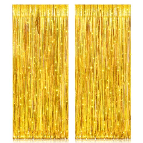 2 Pack 3.2ft x 8.2ft Gold Metallic Foil Curtains, Big Laser Glitter Fringe Rain Curtain Photo Booth Backdrop Tinsel Curtain Streamer for Birthday Wedding Graduations Christmas Event Party Supplies - color: Gold