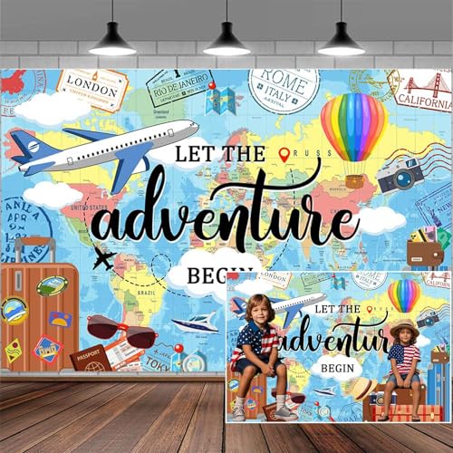 6x4ft Travel World Map Photography Backdrop Let The Adventure Begin Banner Kids Boy Backdrop Famous Landmark Scenery Birthday Party Decor Photo Backdrops Booth Props Background - color: Multi3, size: 6X4ft