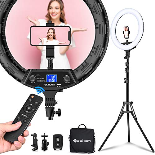 Yesker Ring Light 18" Wireless Remote LCD Screen with Tripod Stand 65W LED Ringlight Bi-Color 3200-5500K CRI≥95 for Portrait Live Stream Photography Tiktok Video Zoom Meeting Online Teaching - size: 18 Inch