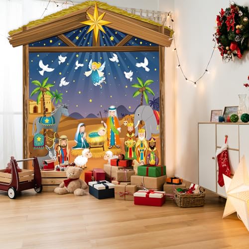 Panelee 7 X 6.5 Ft Christmas Nativity Scene Backdrop Decorations Christian Birth of Jesus Backdrop Banner Photo Booth Props for Garage Door Wall Decor Religious Winter Holiday Party Supplies - style: Cute