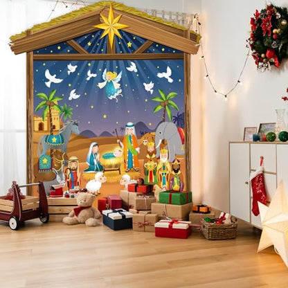 Panelee 7 X 6.5 Ft Christmas Nativity Scene Backdrop Decorations Christian Birth of Jesus Backdrop Banner Photo Booth Props for Garage Door Wall Decor Religious Winter Holiday Party Supplies - style: Cute