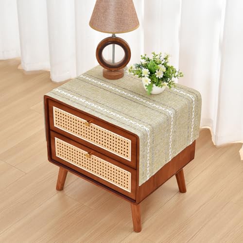 NEWISHER Rustic Farmhouse Embroidered Small Rectangle Tablecloth, Jacquard Striped Table Cloth Washable Fabric Dining Table Cover for Nightstand, Bedside Table, End Table (15x35 Inch), Yellow - color: Almond Buff, size: 35" x 15" (Rectangular)