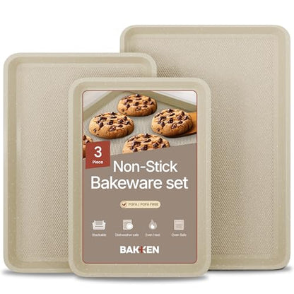 BAKKEN Kitchen Baking Pan - Small, Medium, and Large Cookie Pan (13.58×9.65, 15.75×11, 17.91×12.60), Nonstick, Diamond Texture Bottom, PFOA, PFOS, PTFE Free, Oven Safe (450°F), Pack of 3, White Marble - color: White Marble, size: Pack of 3