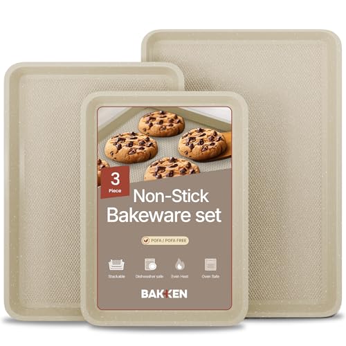 BAKKEN Kitchen Baking Pan - Small, Medium, and Large Cookie Pan (13.58×9.65, 15.75×11, 17.91×12.60), Nonstick, Diamond Texture Bottom, PFOA, PFOS, PTFE Free, Oven Safe (450°F), Pack of 3, White Marble - color: White Marble, size: Pack of 3