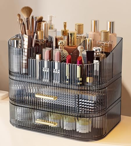 Makeup Organizer with Drawers and 360° Rotating Brush Holder, Large Capacity Cosmetic Storage for Vanity, Skincare, Perfume, Hair Accessories, Lipstick & Jewelry (Transparent Gray, 3-layer) - color: Transparent Gray, size: 3-layer