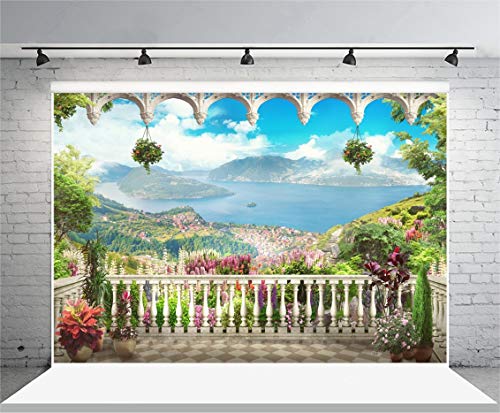 AOFOTO 12x10ft Retro Garden Terrace Backdrop Beautiful Balcony Scenery Photography Background Vintage Archway Landscape Girl Bride Portrait Seascape Romantic Wedding Photo Studio Props Vinyl Wallpaper - size: 12x10ft