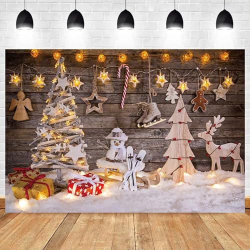 Renaiss 7x5ft Christmas Theme Backdrop Christmas Trees Snowman Deer Gift Box Snow Hanging Ornament Lights Photo Background Wooden Wall Photography Winter Xmas New Year Festival Family Party Banner - color: WSNZY08321, size: 7x5ft