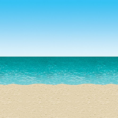 Beistle Printed Plastic Ocean & Sandy Beach Photo Backdrop Summer Tropical Photography Background for Luau Party, Pkg of 1, Blue/Sand - style: Ocean & Beach