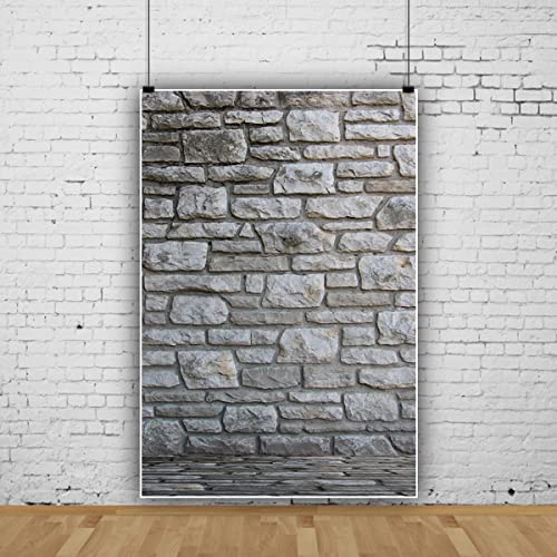 5x7ft Gray Stone Brick Wall Backdrop,Vintage Nostalgia Irregular Stone Texture Photography Background Natural Old Stone Wall Hardwood Floors Toddler Newborn Boy Photo Shoot Studio Props - size: 5x7ft