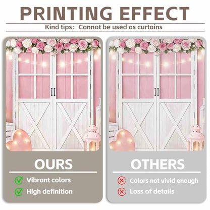 Fabric 7x5ft Valentine's Day Photography Backdrop Pink Rose Wood Door Flowers Love Heart Lights Background Wedding Bridal Mother’s Day Party Decorations Photo Props